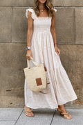 Beige Gingham Maxi Dress
